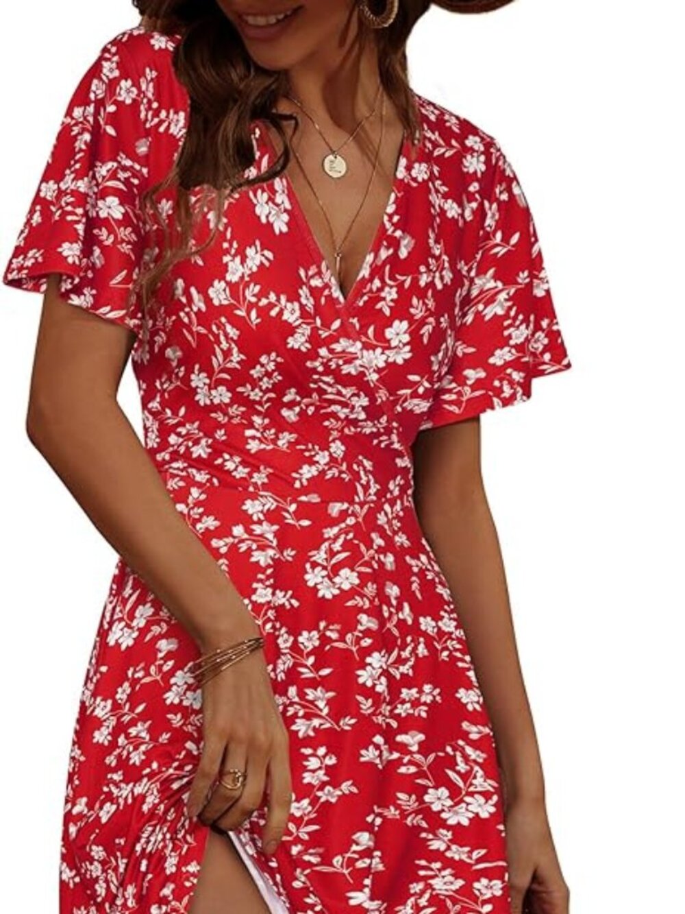 (NWT) FENSACE - Short Sleeve Wrap V-Neck A-Line Dress - Red Floral (Size Medium)